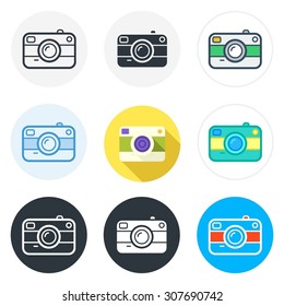 Set of camera icons in different styles isolated on white background.