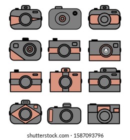 Set of camera icons in grey and orange vector signs 