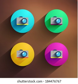 Set of camera icons. Modern flat vector collection with long shadows.