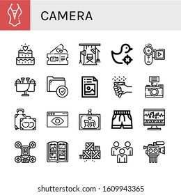 Set of camera icons. Such as Swimsuit, Wedding, Romantic, Studio, Shooting gallery, Video recorder, Secure, Picture, Camera, Honeymoon, Visual, Wedding photo, Sound editing , camera icons