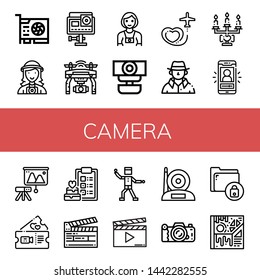 Set of camera icons such as Video card, Photographer, Action camera, Drone, Webcam, Travel, Detective, Wedding, Vlog, Projector, Romantic, Clapperboard, Funky, Camera ,
