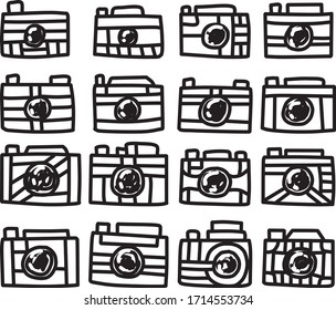 Un conjunto de iconos de cámara adecuados para cualquier contenido de cámara o lente con dibujos animados o diseños de doodle