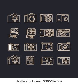 Set of camera icons. Vector illustration in trendy flat style isolated on black background.