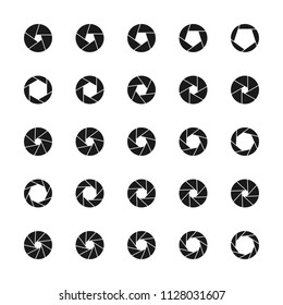 Set of camera lens aperture icons with different position of a diaphragm petals. Photo and video related set of shutter symbols