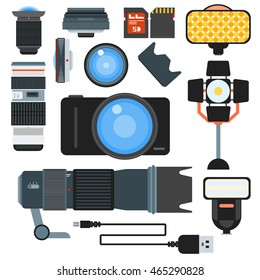 Set of camera lens flat icons vector illustration. Collection of camera lens photography, equipment, digital, technology. Focus optical macro zoom professional shutter camera lens set.
