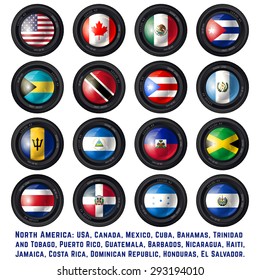Set of Camera Lens with North American Flags. Vector design.