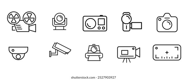 Set of camera line icon of different types of film and digital camera bodies