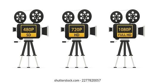 Set Camera for movies. Logo 480p SD, 720p HD, 1080p full HD, Resolution icon. Movie quality. Retro camera. Flat design on a white background. Vector illustration