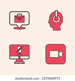 Set Camera, Online working, Freelancer and Mute microphone on computer icon. Vector