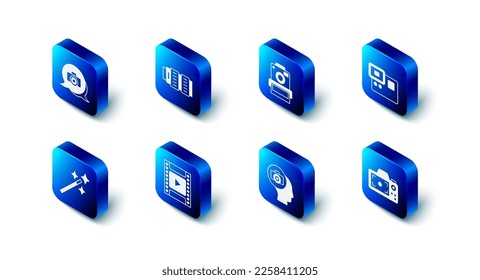 Set Camera photo lens, Photo camera, Action extreme, film roll cartridge, retouching and  icon. Vector