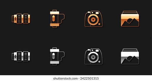 Set Camera photo lens, film roll cartridge, Photo camera and frame icon. Vector