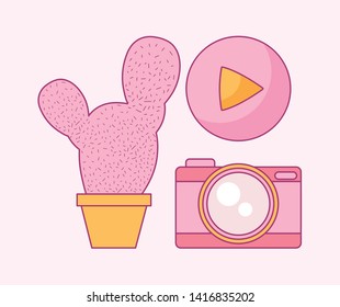 set of camera photographic with cactus and play symbol