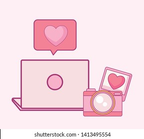 set of camera photographic with laptop and speech bubble