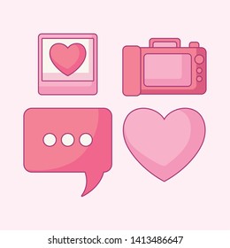 set of camera photographic with speech bubble and heart