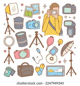 Set of camera and photography doodle hand drawn vector illustration