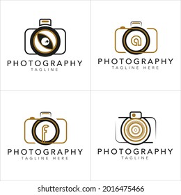 Set of Camera Photography Logo. With a white and gold color. Minimalist and luxury concept.