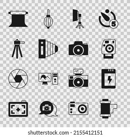 Set Camera roll cartridge, Battery for camera, Photo, Softbox light, Tripod, Empty photo studio and  icon. Vector