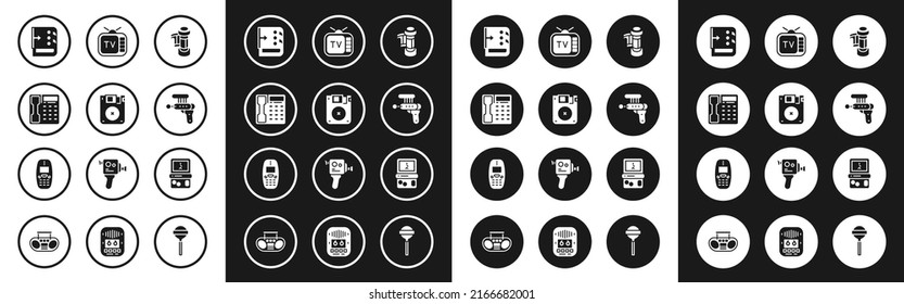 Set Camera Roll Cartridge, Floppy Disk, Telephone Handset, Sound Mixer Controller, Ray Gun, Retro Tv, Tetris And Old Mobile Icon. Vector