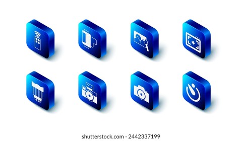 Set Camera roll cartridge, Photo retouching, camera, timer, with flash, photo lens and Remote control for icon. Vector