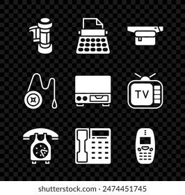 Set Camera roll cartridge, Retro typewriter, Waist bag of banana, Telephone handset, Old mobile, Yoyo toy and video cassette player icon. Vector