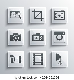 Set Camera roll cartridge, Softbox light, Photo camera, retouching and  icon. Vector