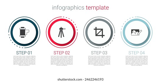 Set Camera roll cartridge, Tripod, Picture crop photo and Photo retouching. Business infographic template. Vector
