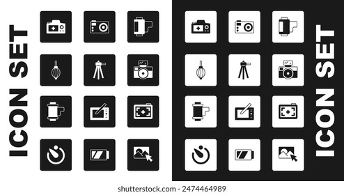 Set Cartucho de rollo de cámara, trípode, soplador de polvo, cámara de fotos, con flash, e icono. Vector