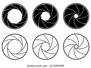 Set of camera shutter aperture icons isolated on white background.Flat Vector Icon. Mirror Reflection Shadow