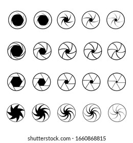 Set of camera shutter black and white vector icons.