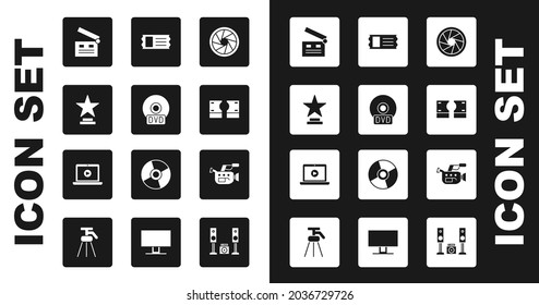 Set Camera shutter, CD or DVD disk, Movie trophy, clapper, Stacks paper money cash, Cinema ticket, camera and Online play video icon. Vector