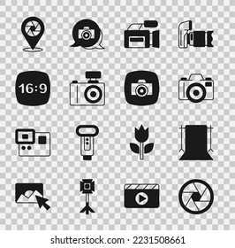 Set Camera shutter, Empty photo studio, Photo camera, Cinema, frame 16,  and  icon. Vector