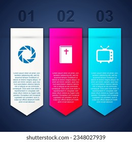 Set Camera shutter, Holy bible book and Television tv. Business infographic template. Vector