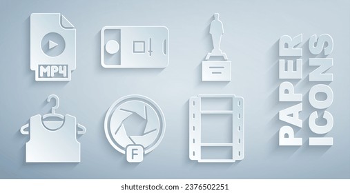 Set Camera shutter, Movie trophy, Sleeveless T-shirt, Play Video, Photo and video shooting and MP4 file document icon. Vector