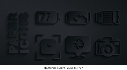 Set Camera shutter, photo lens, focus frame line, Photo camera,  and Battery for icon. Vector