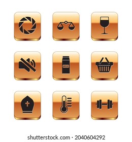 Set Camera shutter, Pope hat, Thermometer, Paper package for milk, Speaker mute and Wine glass icon. Vector