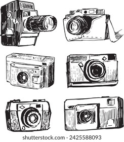 Set of camera sketches. Vintage camera vector isolated drawings. Sketchy style. Black and white illustrations set. 