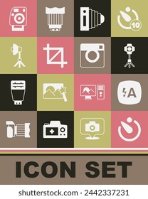 Set Camera timer, Auto flash, Softbox light, Photo camera, Picture crop photo,  and  icon. Vector