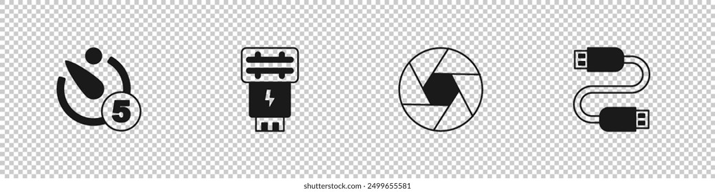 Set Camera timer, Photo camera flash, shutter and USB cable cord icon. Vector