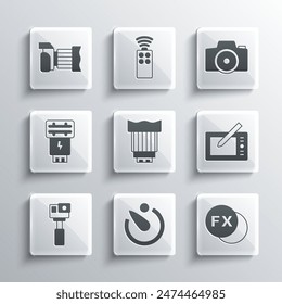 Set Camera timer, Photo camera fx, Graphic tablet, photo lens, Action, flash,  and  icon. Vector