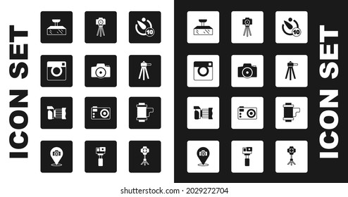 Set Camera timer, Photo camera, Softbox light, Tripod, roll cartridge and  icon. Vector