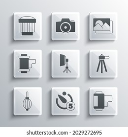Set Camera timer, roll cartridge, Tripod, Softbox light, Dust blower, photo lens and Photo frame icon. Vector