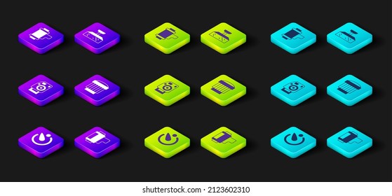 Set Camera timer, roll cartridge, Photo camera, photo lens, Softbox light and  icon. Vector