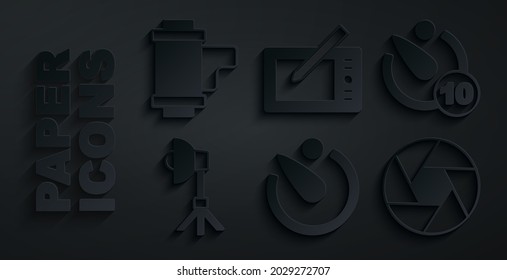 Set Camera timer, Softbox light, shutter, Graphic tablet and roll cartridge icon. Vector