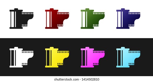 Set Camera vintage film roll cartridge icon isolated on black and white background. Film reel icon. 35mm film canister. Filmstrip photographer equipment. Vector Illustration