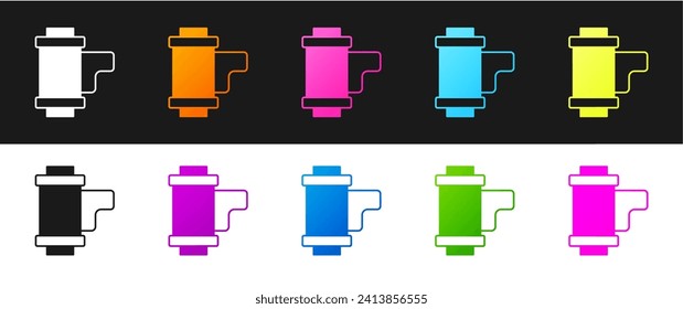 Set Camera vintage film roll cartridge icon isolated on black and white background. 35mm film canister. Filmstrip photographer equipment.  Vector