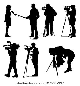 Set cameraman with video camera. Silhouettes on white background