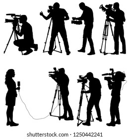 Set cameraman with video camera. Silhouettes on white background