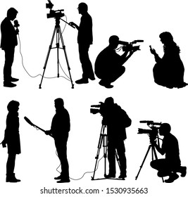 Set cameraman with video camera. Silhouettes on white background