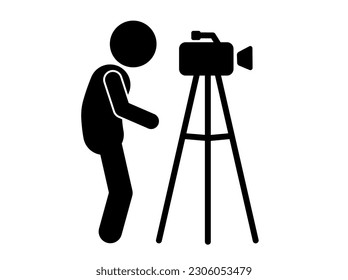 Set cameraman with video camera. Silhouettes on white background, stick figure