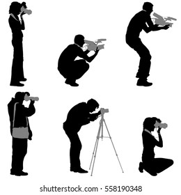 Set cameraman with video camera. Silhouettes on white background. Vector illustration